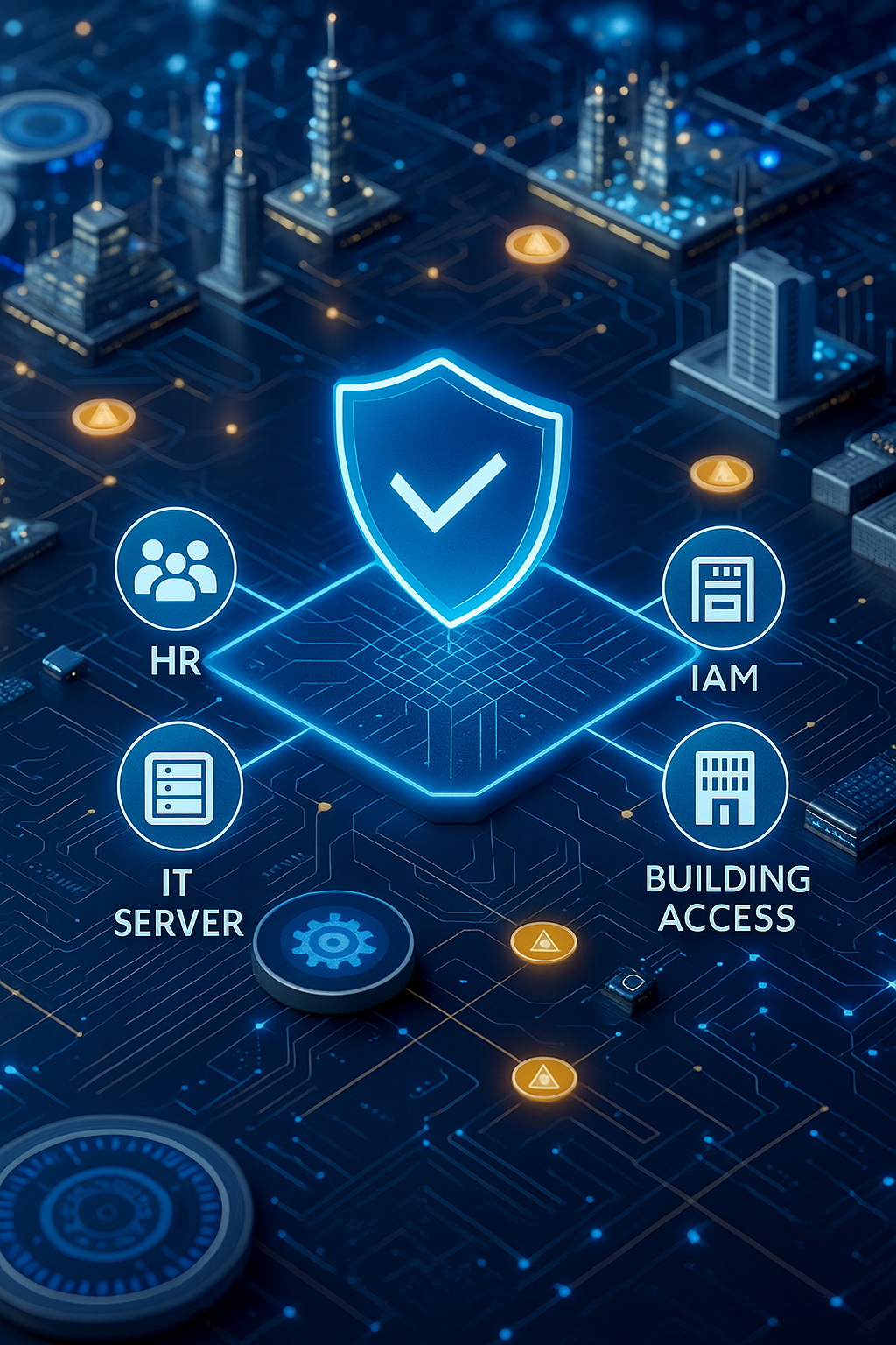 Digital illustration of a glowing shield with a checkmark unifying HR, IT server, IAM, and building access systems on a futuristic circuit board, symbolizing secure unified access management and real time compliance.