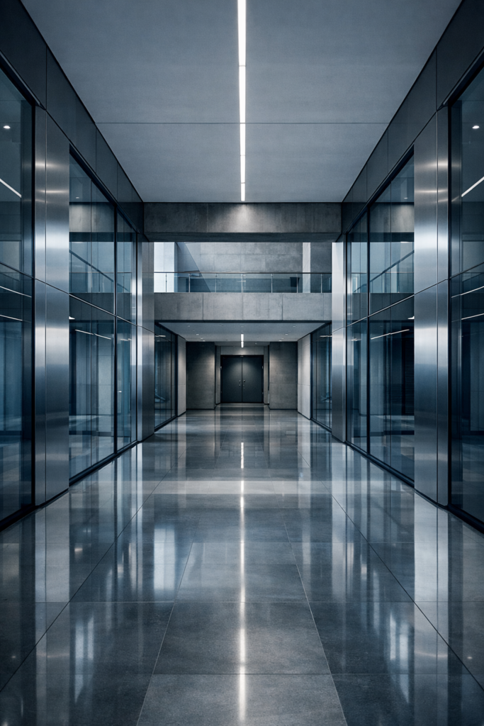 Symmetrisches, modernes Unternehmensinterieur mit Glaswänden, klaren architektonischen Linien und einem zentralen Korridor, das Struktur und Kontrolle in einer Unternehmensumgebung repräsentiert.