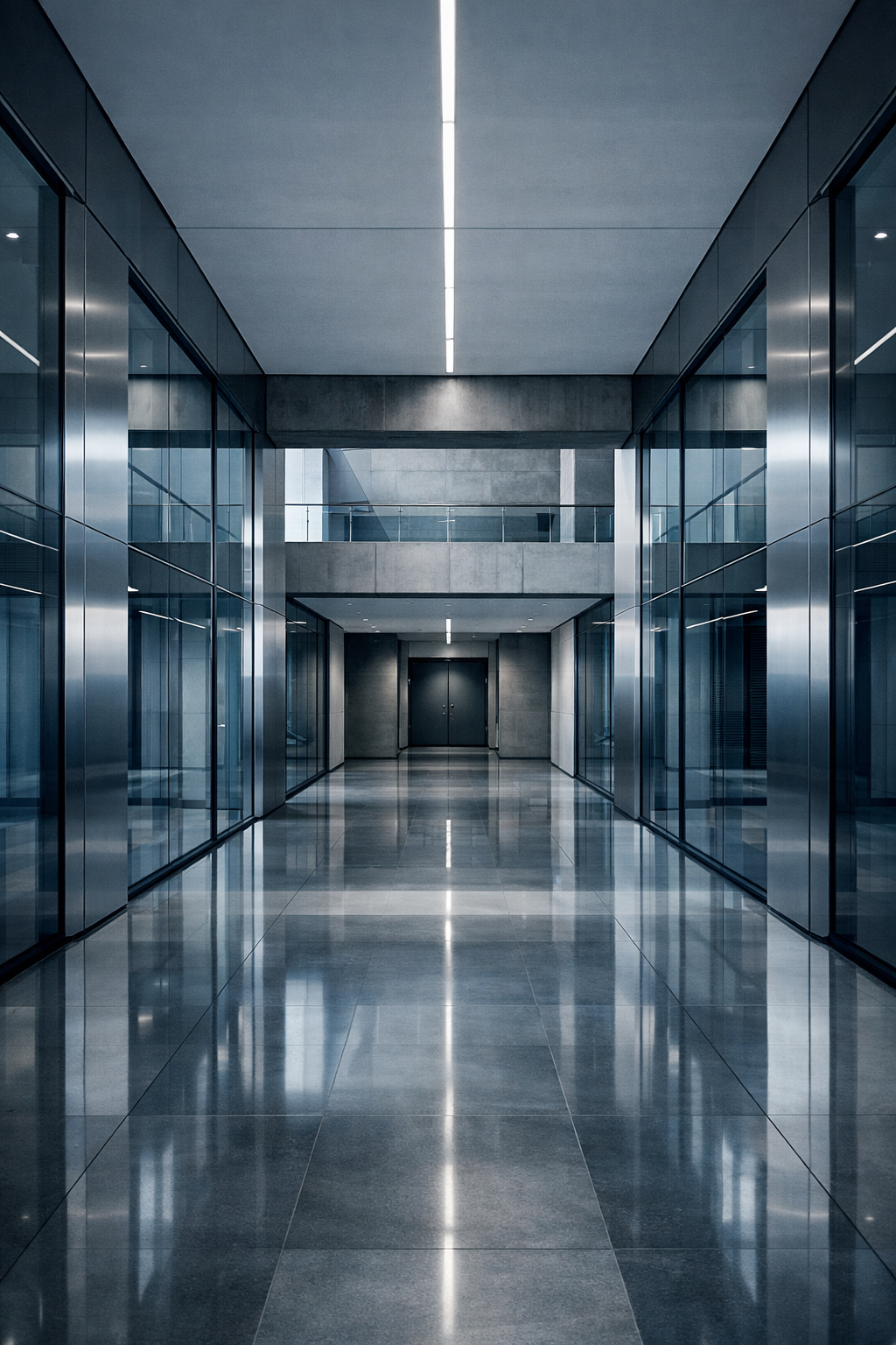 Symmetrisches, modernes Unternehmensinterieur mit Glaswänden, klaren architektonischen Linien und einem zentralen Korridor, das Struktur und Kontrolle in einer Unternehmensumgebung repräsentiert.